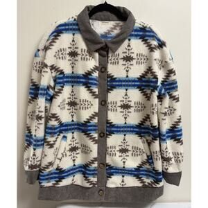AndTheWhy Sherpa Fleece Jacket Aztec Cream Blue Brown Corduroy Trim Size L